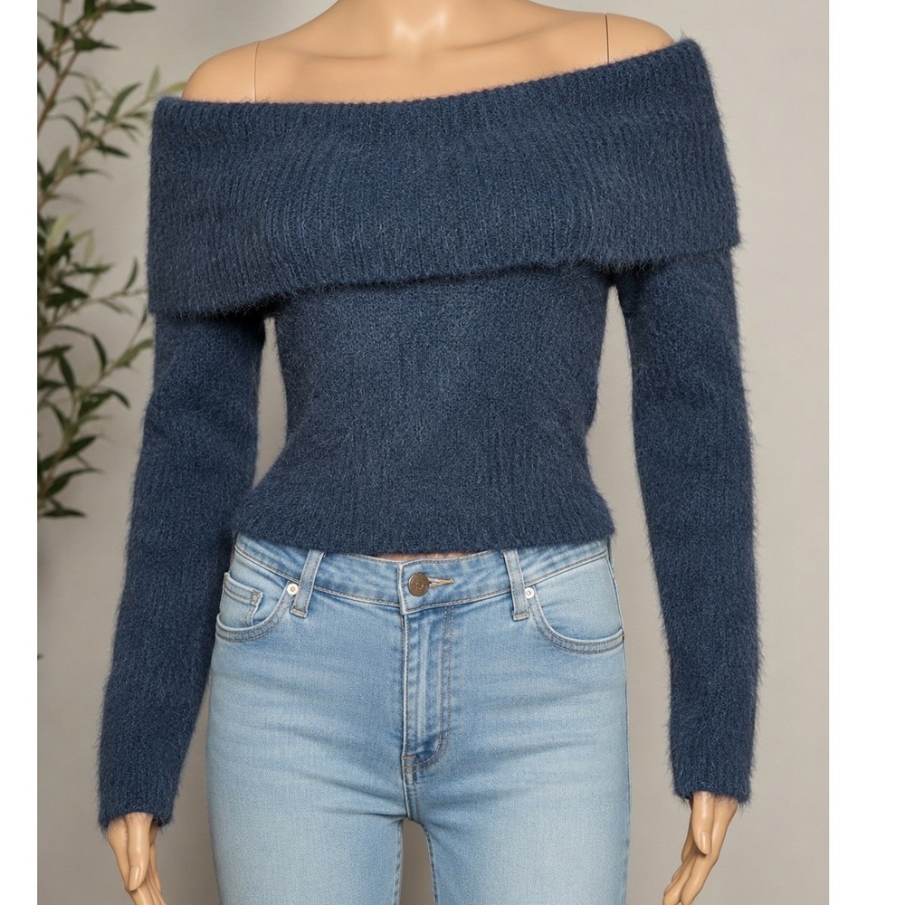 The Workshop Womens Sweater Dark Blue Fuzzy Off Shoulder Foldover Collar S